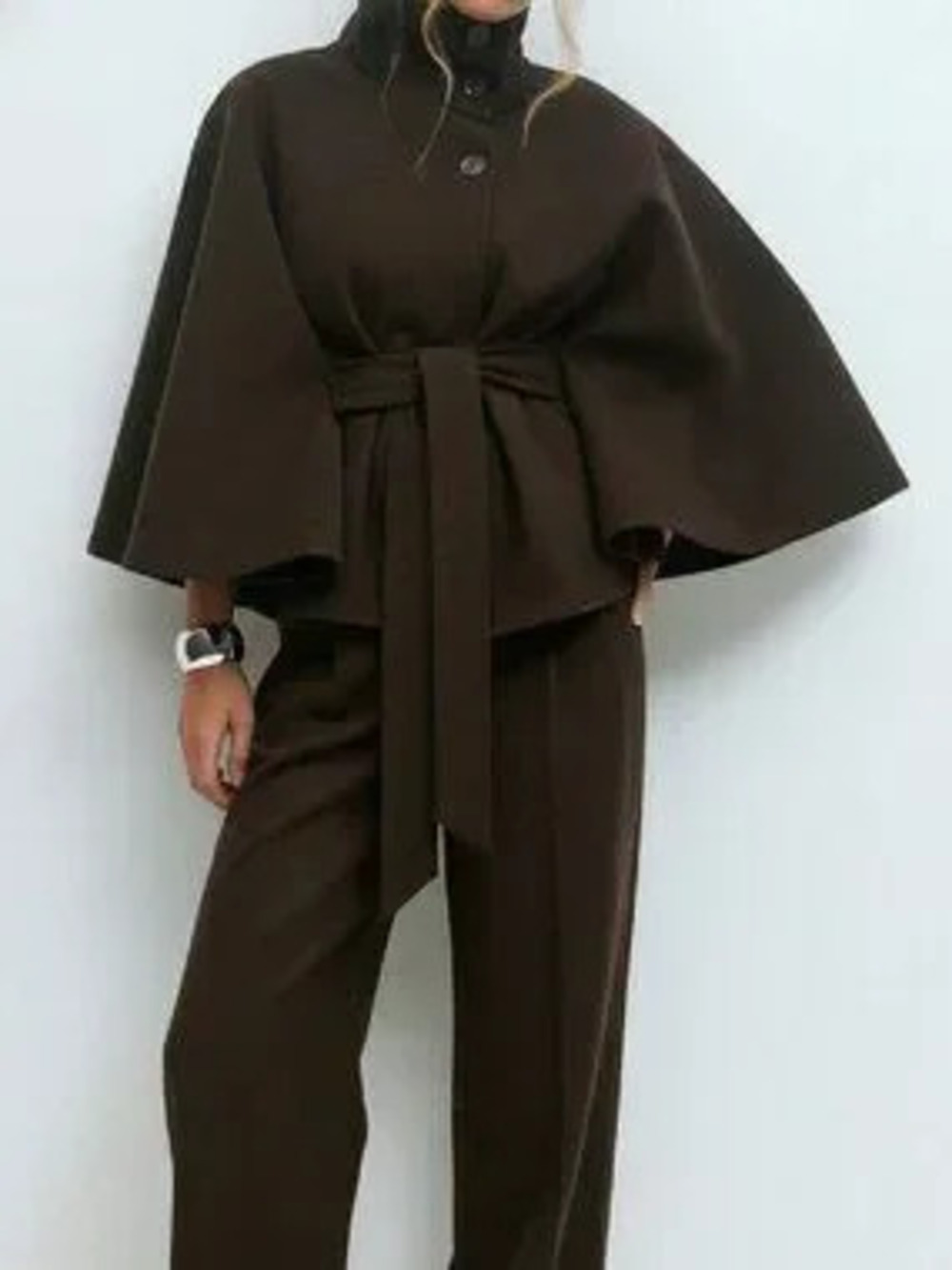 ZARA Coffee Brown Casual Women's Elegant Hooded Poncho Overcoat With Belt